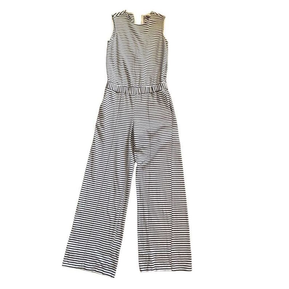 Mila Owen‎ Jumpsuit Navy White Striped Sz Small Elastic Waist Thick Cotton Japan